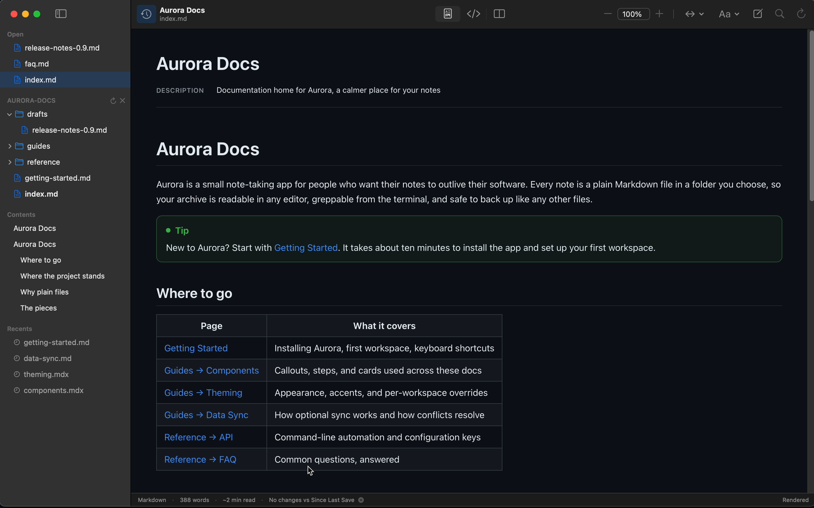 A document in Twain using the dark appearance, with the sidebar and rendered content both in dark.