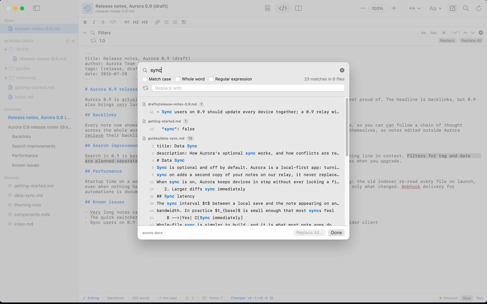 The folder search panel in Twain showing matches grouped by file, each with a match count and the matching line in context, and a total of 23 matches in 6 files.