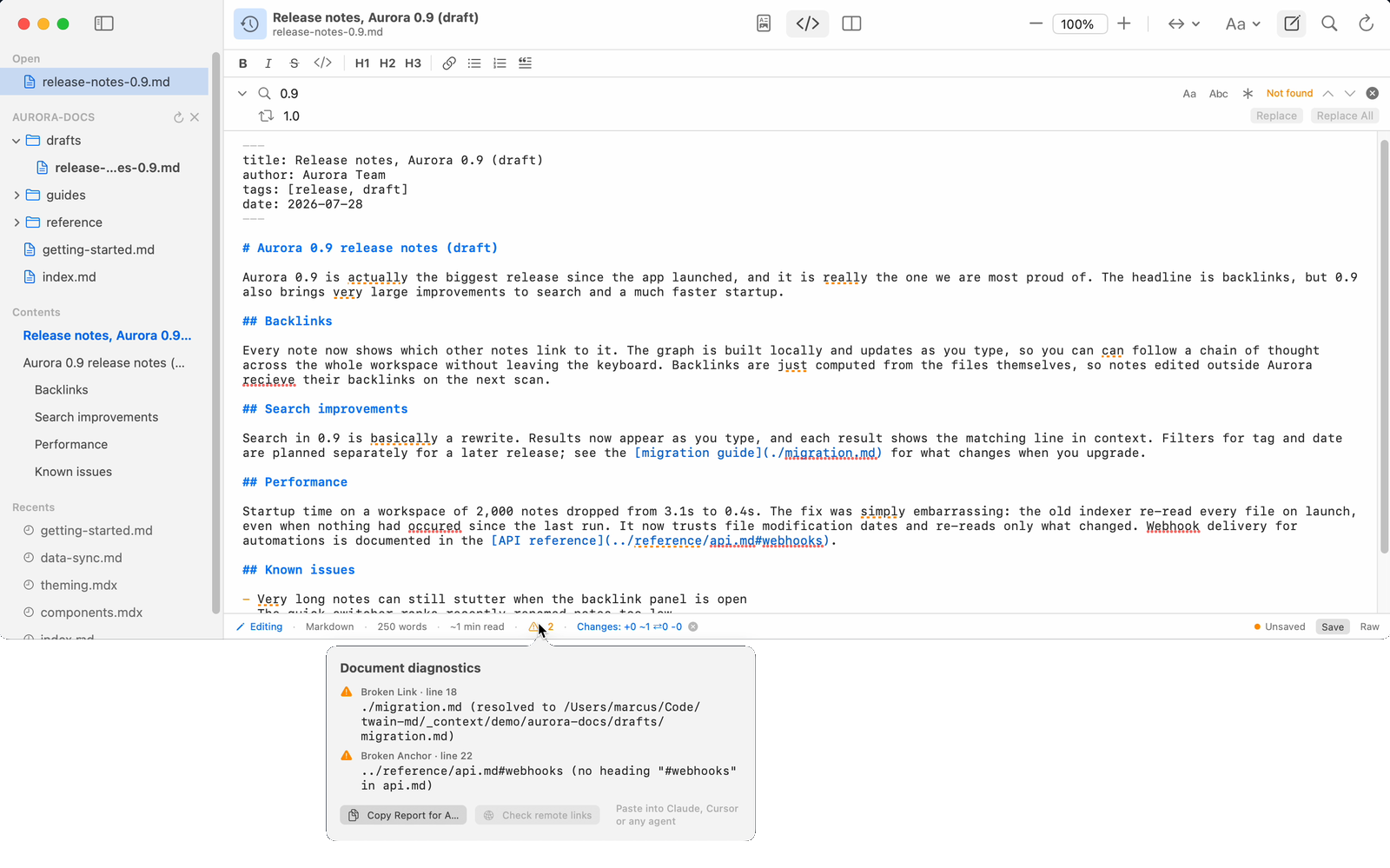 The document diagnostics popover in Twain listing a broken link and a broken anchor, each with its line number and the path that failed to resolve.
