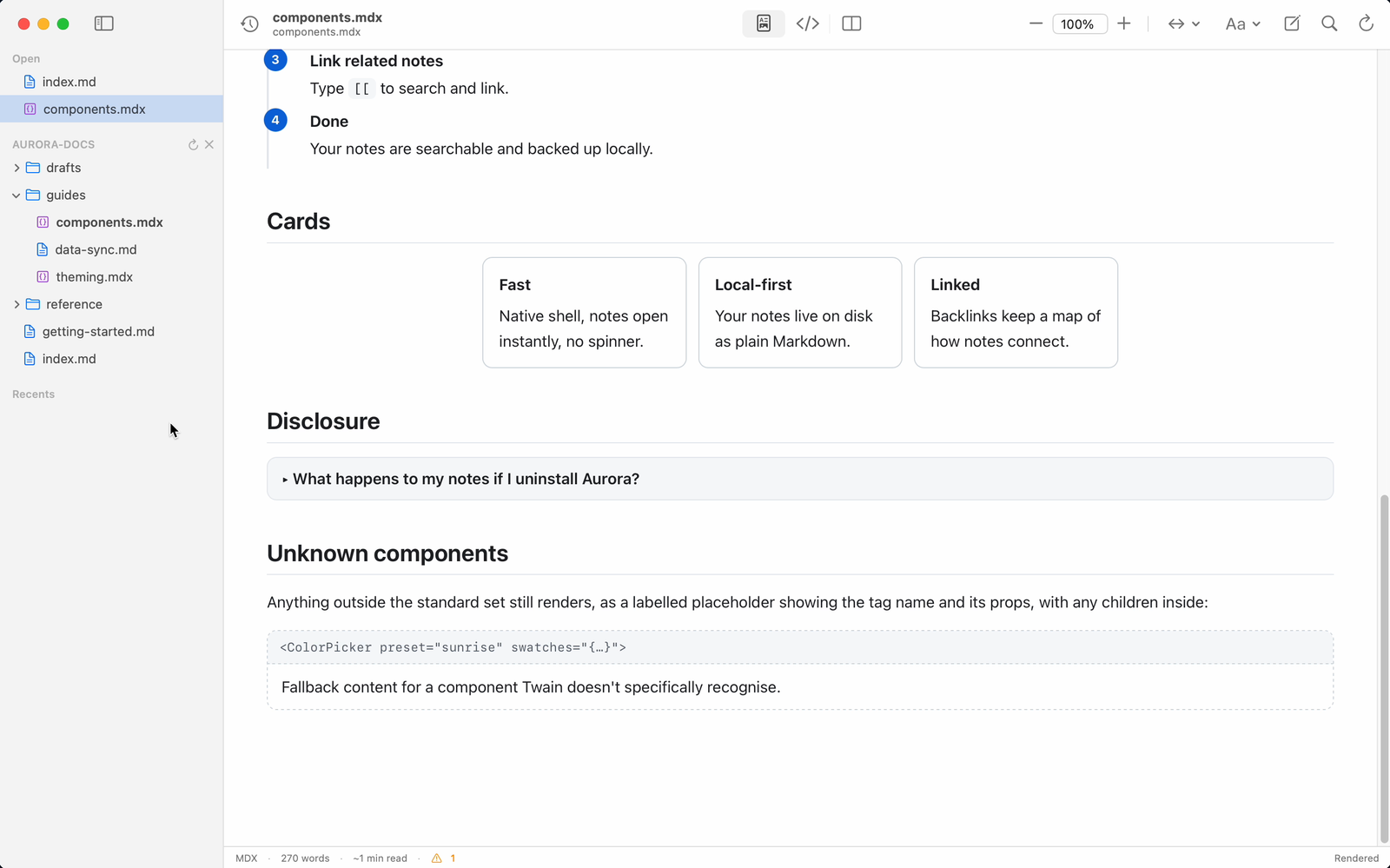An .mdx guide in Twain: Cards and a Disclosure render as real UI, and an unrecognised ColorPicker tag appears as a labelled placeholder listing its props, with its fallback text kept.