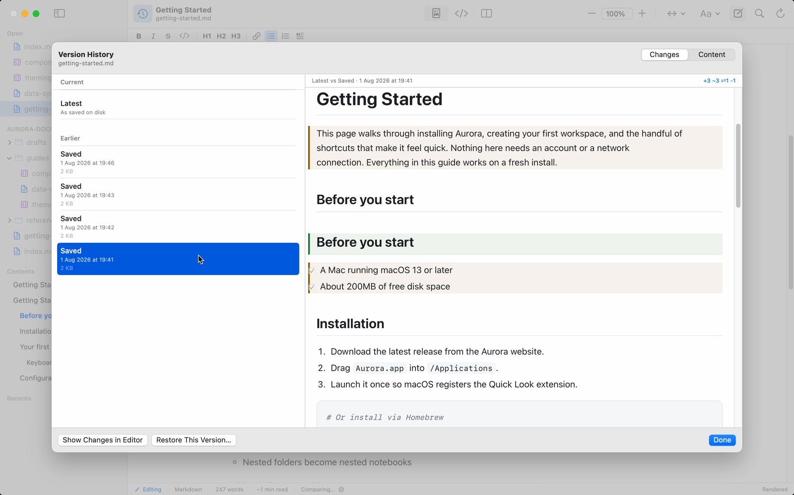 The version history sheet in Twain: a list of saved versions on the left with their times and sizes, and the selected version previewed on the right beside the current content.